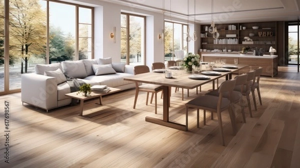 Fototapeta Interior design of modern scandinavian apartment, living room and dining room. Created with generative AI.