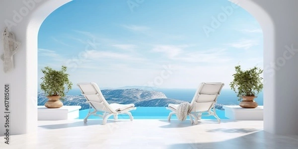 Fototapeta AI Generated. AI Generative. Vacation relax adventure vibe. Two white wood chair at pool ocean hotel villa. Blue and white colors. Graphic Art