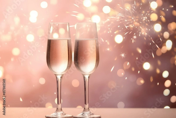 Fototapeta Two Champagne Glasses On Pastel Pink Color Background Of Fireworks With Empty Space. Celebrating Christmas. Generative AI