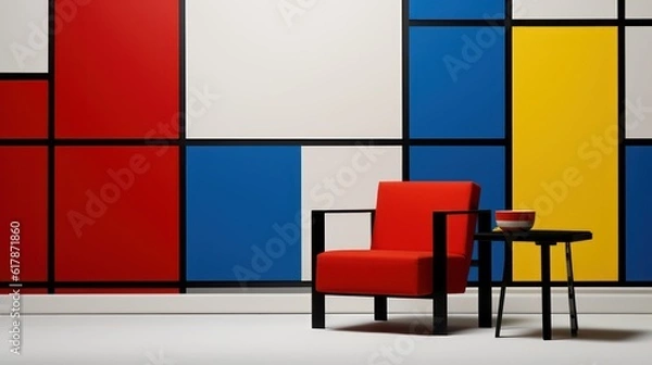 Fototapeta De stijl interior with chair and table.Composition with red,blue,yellow,black and white.3d rendering