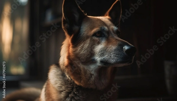 Fototapeta Purebred German Shepherd puppy sitting outdoors, looking cute and fluffy generated by AI