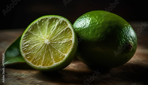 Fototapeta Juicy citrus slice on rustic wood table, refreshing mojito drink generated by AI