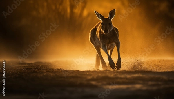 Fototapeta Sunlit meadow, one deer running towards forest at dawn generated by AI