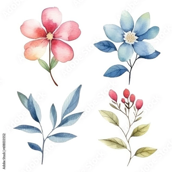 Fototapeta Watercolor flowers. Set Watercolor of multicolored colorful soft flowers. Flowers are isolated on a white background. Flowers pastel colors.