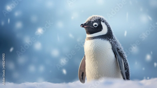 Fototapeta Portrait of a penguin in a snowy landscape. Playful, happy animal. Blurred background. 