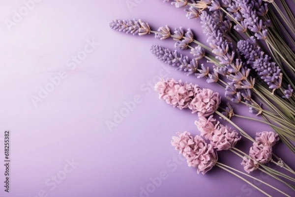 Fototapeta Lavender flowers on purple background, top view, copy space