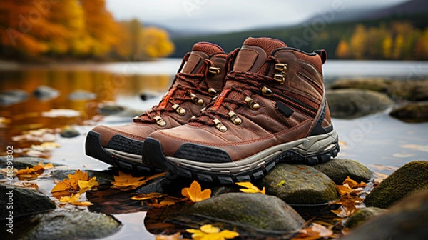 Fototapeta A pair of hiking boots sitting on top of a rock. Generative AI.