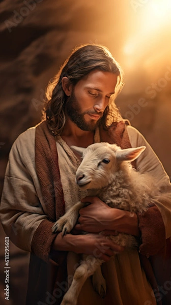 Fototapeta Jesus holding a lamb in his arms. Generative AI.