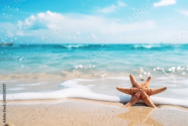 Obraz starfish on the sand beach and sky, starfish at beach, 