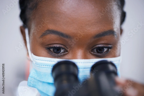 Fototapeta Mask, microscope or black woman scientist in laboratory for research, analysis or experiment innovation. Healthcare, investigation or biologist with lab equipment for future development or results