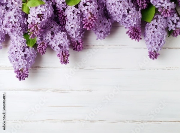 Obraz Lilac on white background. White wood purple flowers, spring background.