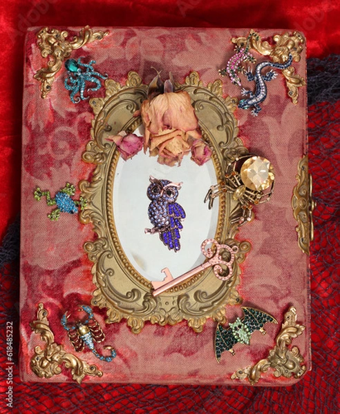 Fototapeta Antique Victorian Era Book With Colorful Gemstones added. Fairy Tale Scary Book With Scorpion and Bat