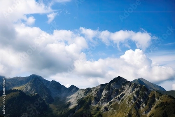 Fototapeta stunning mountain range with passing clouds and blue sky, created with generative ai