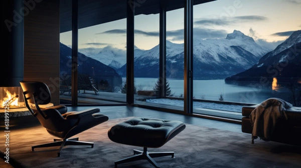 Fototapeta Interior of a high-tech chalet with panoramic windows and a view of the snow-capped mountains. Generative AI photorealistic illustration.