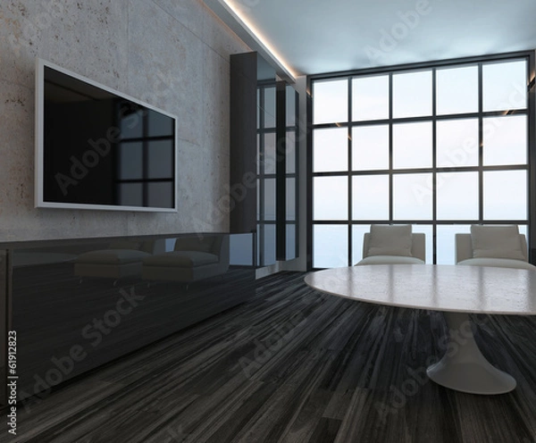 Fototapeta Modern living room interior with window and black wooden floor