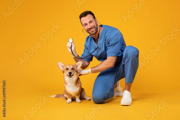 Fototapeta Checking the breath. Male veterinarian in work uniform listening to the breath of a small dog with a phonendoscope in veterinary clinic. Pet care concept