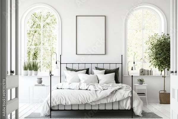 Fototapeta Minimalist Bedroom with White Walls and a Metal Bed. Generative AI