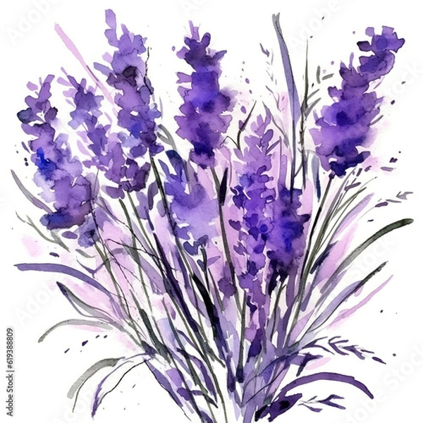 Fototapeta Lavender flowers beautiful floral bouquets. Watercolor natural illustration of Provence herbs on a white background. AI