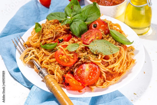 Fototapeta Spaghetti pasta with grilled tomatoes