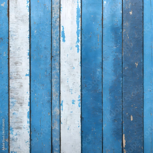 Fototapeta Close-up of an old wooden fence boards with peeling paint. Texture pastel gentle blue background. Perfect for a natural or vintage theme. Rustic hardwood planks. Generative AI