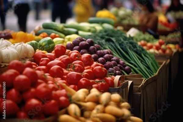 Fototapeta At a bustling farmer's market, vendors display a vibrant array of fresh produce. Generative AI