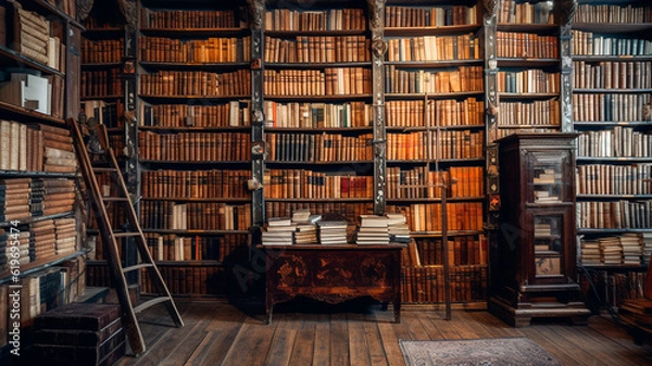 Fototapeta Long shelves with many old vintage books in bookstore. Generative AI