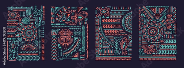 Fototapeta Ethnic tribal posters set. Ancient Aztec tribe wall arts. Mexican cards, vertical decorations with Navajo shapes, lines, traditional symbols, Maya elements. Flat vector illustrations in boho style