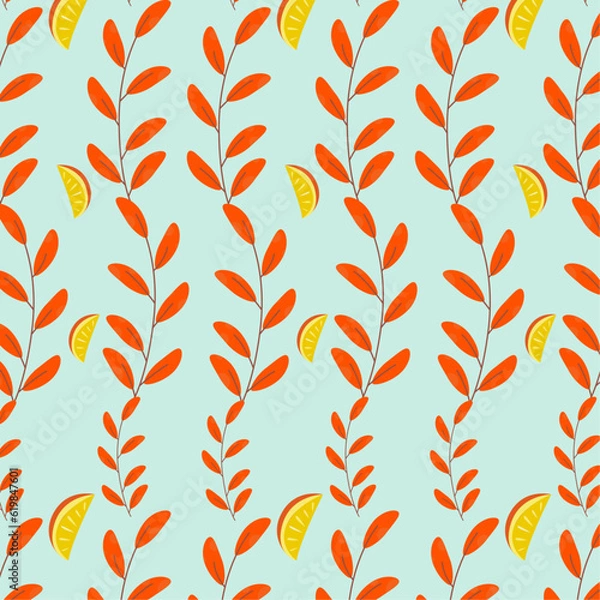 Fototapeta Vector cute seamless pattern orange slices leaves vector illustration