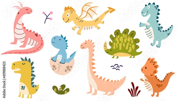 Obraz Dragons Set. Cute Colorful Little Dinosaurs in a cartoon Scandinavian style. The colorful cute children's illustration is perfect for a children's room. Vector Hand draw Illustration