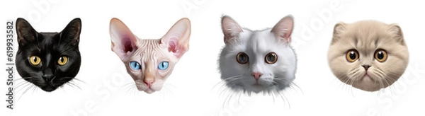 Obraz Set of four heads of cute cats of different breeds. Isolated white transparent background