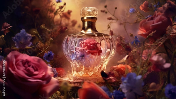 Fototapeta bottle of perfume with flowers in nature background, AI generated.