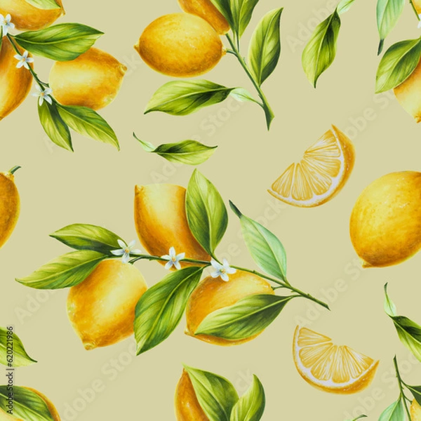 Fototapeta Watercolor seamless pattern with fresh ripe lemon with bright green leaves and flowers. Hand drawn cut citrus slices painting on white background. For 