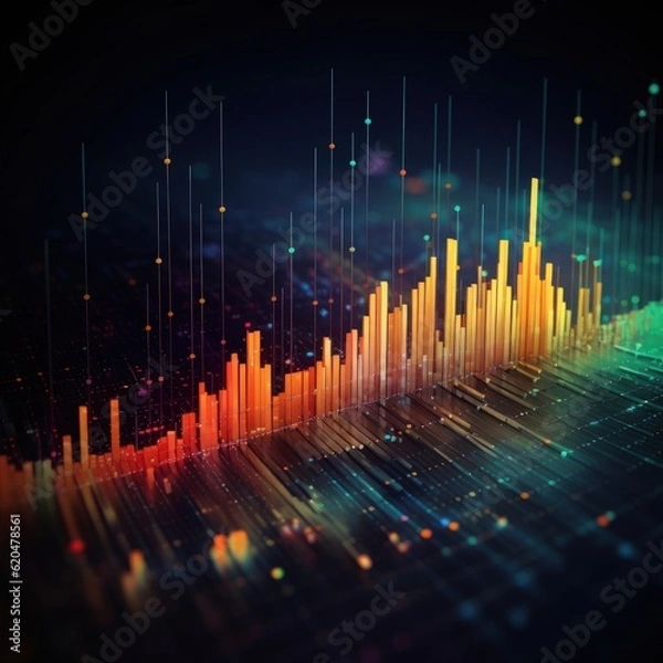 Fototapeta Visualization of sound waves. Abstract futuristic background with colorful glowing neon moving high speed wave lines and bokeh lights. Data transfer concept. Fantastic wallpaper. Generative AI