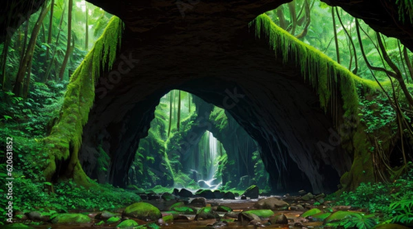 Fototapeta Cave in Rainforest, Nature, Park, Mountain, Generative Ai.