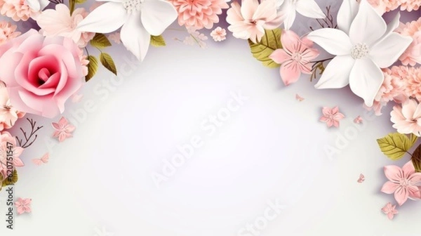 Fototapeta Floral border frame card template. multicolor flowers, leaves, for banner, wedding card. Springtime composition with copy-space, Generative AI illustration