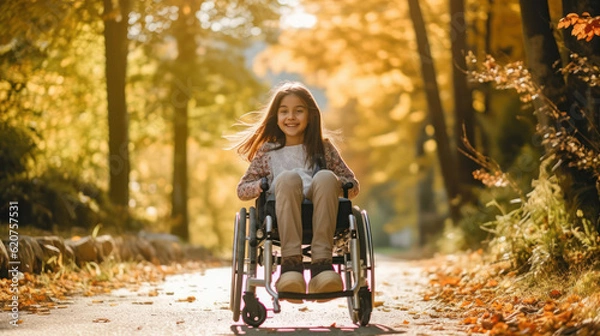 Fototapeta Smiling girl in a manual wheelchair