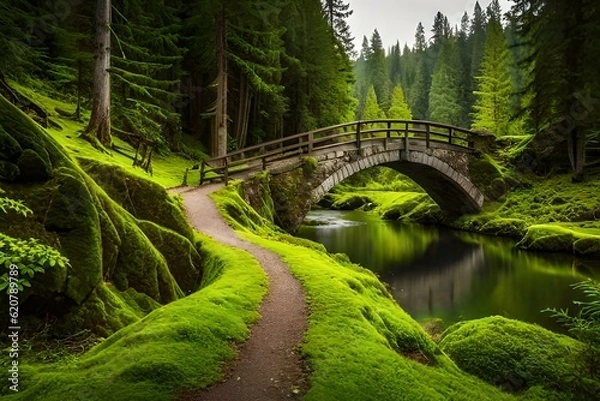 Fototapeta bridge in the forest generated by AI technology