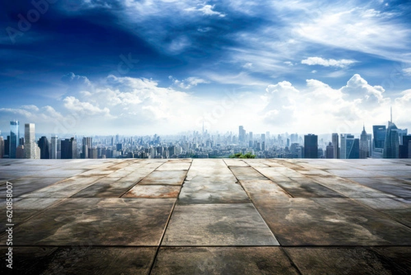 Fototapeta Panoramic skyline and modern business office buildings with empty road,empty concrete square floor , Generative Ai