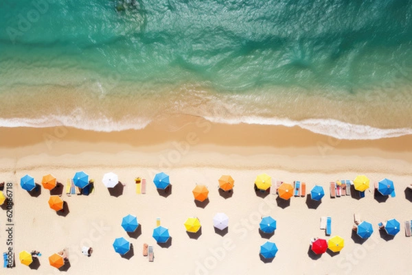 Fototapeta Aerial drone view of many colorful umbrellas on sand beach