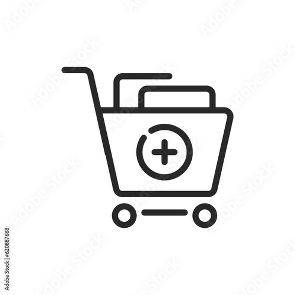 Fototapeta Shopping Cart with Plus Symbol Icon. Vector Linear Editable Button of Add to Basket Action, Addition of More Items to Shopping Cart, Increased Quantity, and Expanded Purchasing.