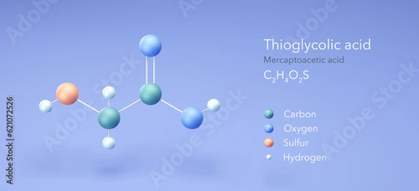 Fototapeta thioglycolic acid molecule, molecular structures, mercaptoacetic acid, 3d model, Structural Chemical Formula and Atoms with Color Coding