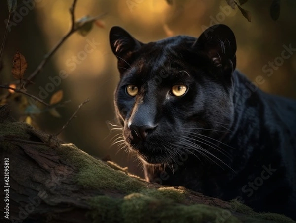 Fototapeta Black panther leopard on a tree wild animal
