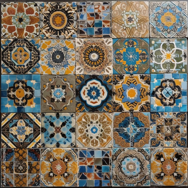 Fototapeta Intricate Moroccan Tilework-Inspired Mosaic Composition: A Dance of Geometric Shapes and Vibrant Colors. Generative AI.