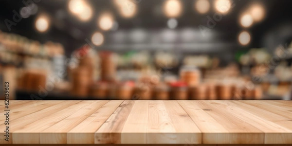 Fototapeta Wooden board empty table top and blur interior supermarket.