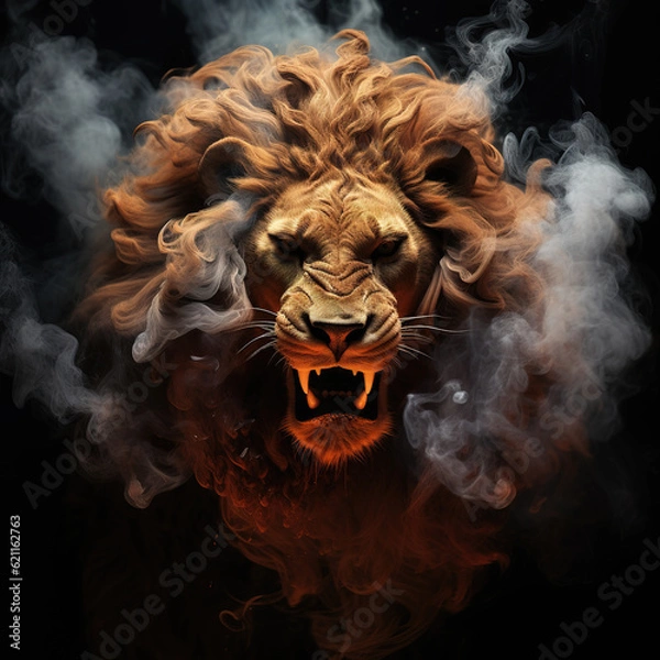 Fototapeta Image of an angry lion face with fire smoke on black background. Wildlife Animals. Illustration, Generative AI.