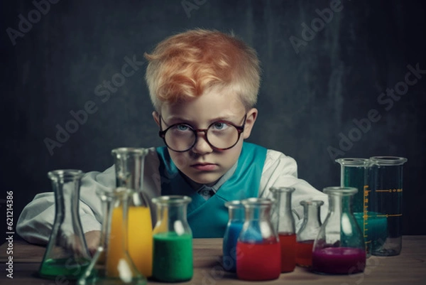 Obraz Schoolboy experimenting with the reagents in laboratory. Chemical experiments. Generative AI