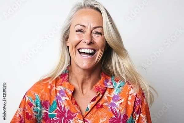 Obraz Close up portrait of a happy mature woman laughing isolated on a white background