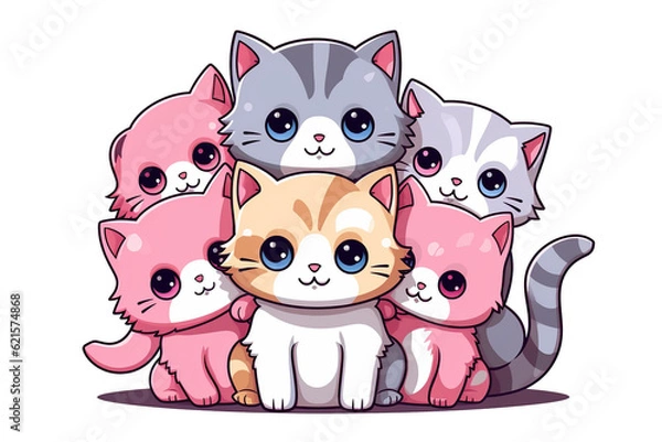 Fototapeta kawaii cute cats, kittens sticker image, in the style of kawaii art, meme art, animated gifs isolated white background PNG