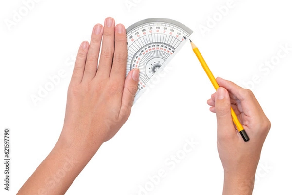 Fototapeta The boy uses a protractor to measure degrees. Math and engineering concepts for kids. white background and isolate.