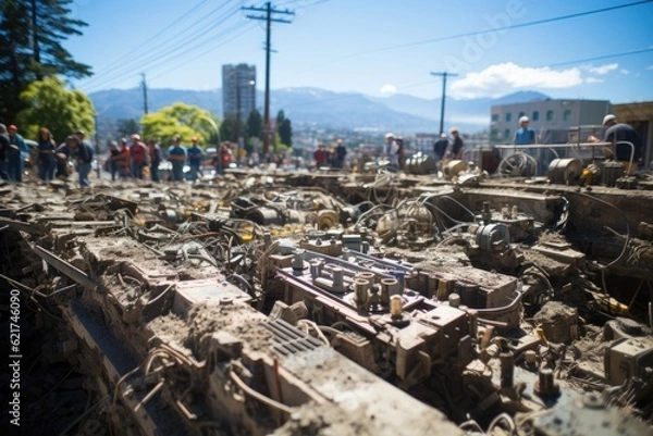 Fototapeta Powerful earthquake, showcasing the devastating impact of seismic forces on structures and environments